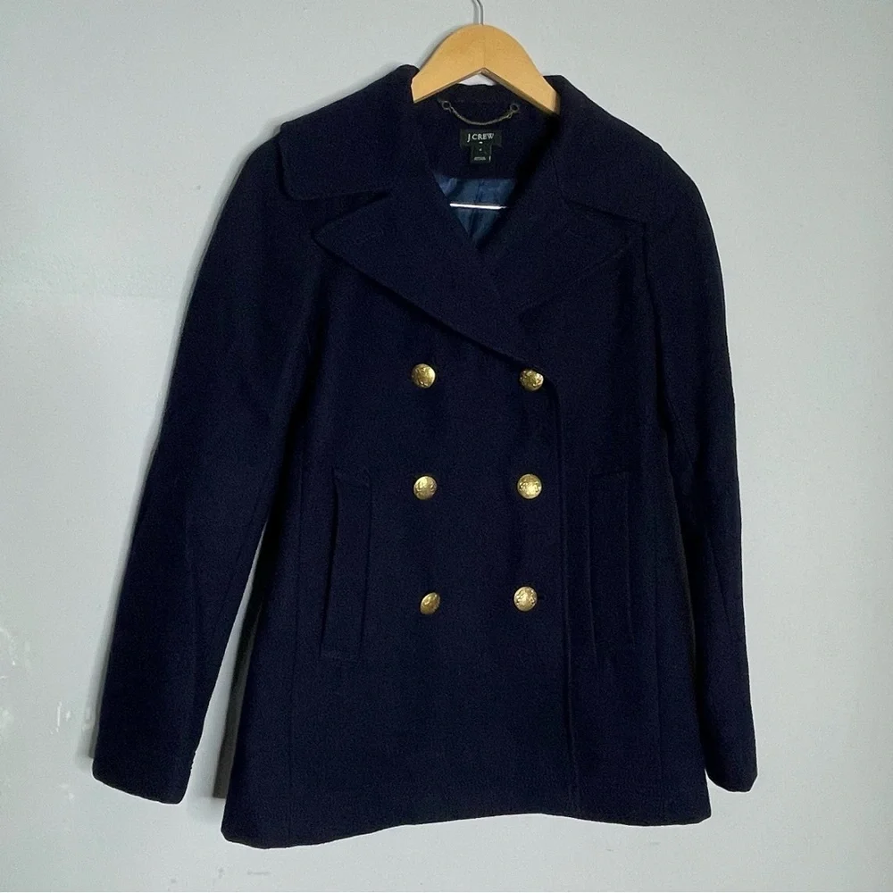 J. CREW Wool Blend Navy Gold Buttons Double Breasted Military‎ Sailor Peacoat 0